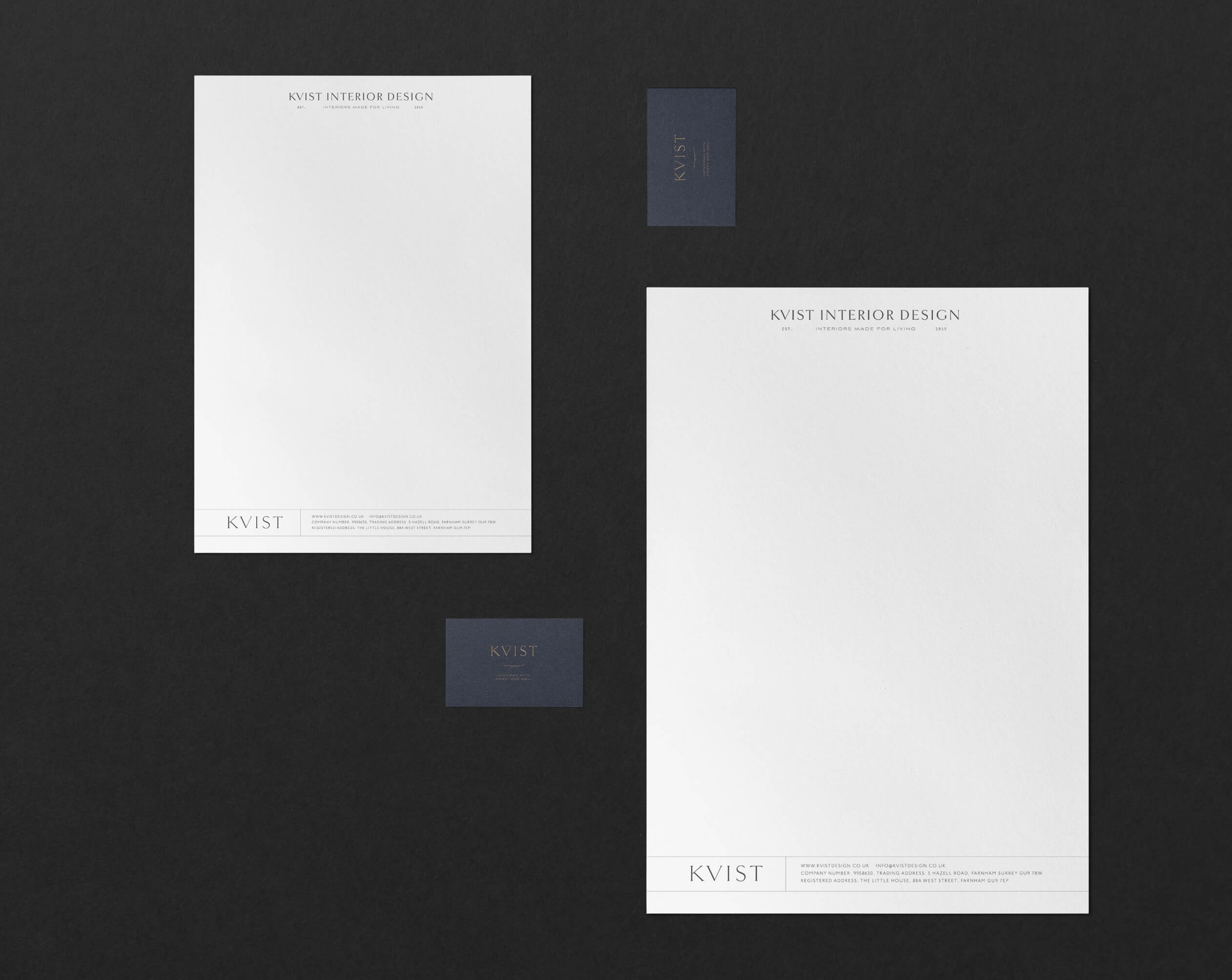 Brand stationery including letterhead and business card for KVIST interior design brand