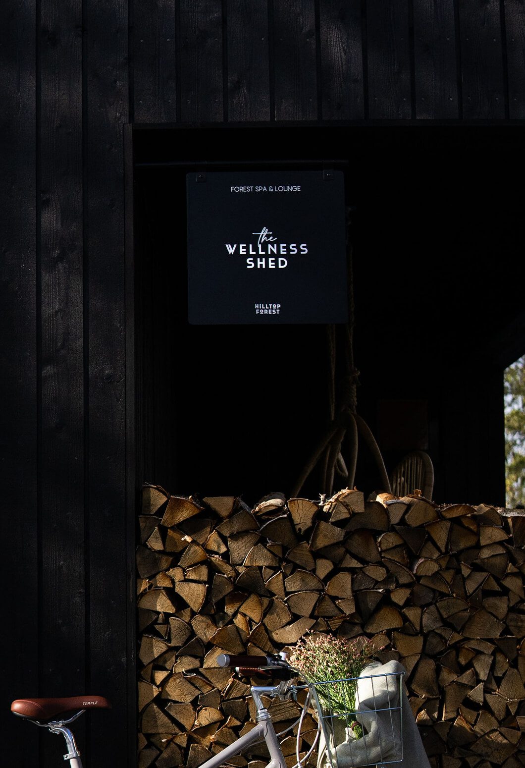 The Wellness Shed hanging brand signage